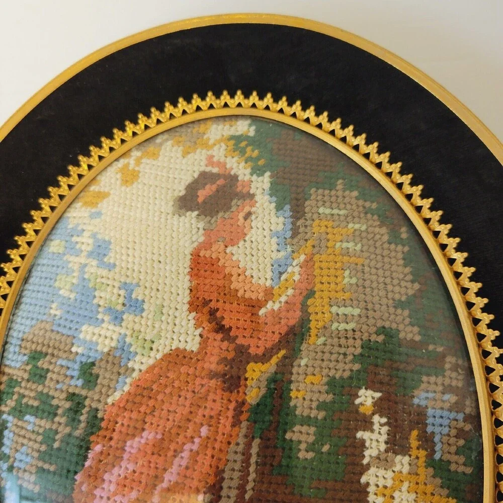 Vintage Needlepoint  Handmade Women With Dog Velvet And Brass Ormolu Wood Frame